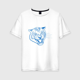 Женская футболка хлопок Oversize с принтом Контур головы синего тигра, арт лайн. в Санкт-Петербурге, 100% хлопок | свободный крой, круглый ворот, спущенный рукав, длина до линии бедер
 | blue | head | holiday | mascot | new year | symbol | tiger | year of the tiger | арт лайн | год тигра | кошка | новогодний | новый год | праздник | символ | талисман