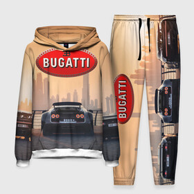 Мужской костюм 3D (с толстовкой) с принтом Bugatti на фоне Дубая ОАЭ с логотипом в Санкт-Петербурге,  |  | bugatti chiron | bugatti veyron | бугатти | гиперкары | дубай | закат | оаэ | спортивные машины | спорткары