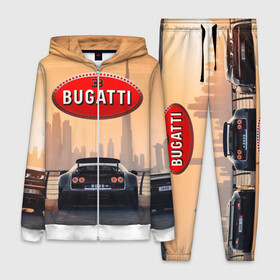 Женский костюм 3D с принтом Bugatti на фоне Дубая ОАЭ с логотипом в Санкт-Петербурге,  |  | Тематика изображения на принте: bugatti chiron | bugatti veyron | бугатти | гиперкары | дубай | закат | оаэ | спортивные машины | спорткары
