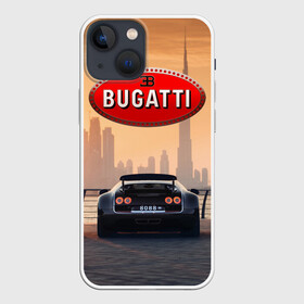 Чехол для iPhone 13 mini с принтом Bugatti на фоне Дубая ОАЭ с логотипом в Санкт-Петербурге,  |  | bugatti chiron | bugatti veyron | бугатти | гиперкары | дубай | закат | оаэ | спортивные машины | спорткары