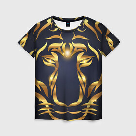 Женская футболка 3D с принтом Золотой символ года Тигр в Санкт-Петербурге, 100% полиэфир ( синтетическое хлопкоподобное полотно) | прямой крой, круглый вырез горловины, длина до линии бедер | в чем встречать новый год | золотой узор | идея подарка на новый год | подарок на новый год | символ нового года | тигр золотой | тигр символ года 2022 | узоры из золота