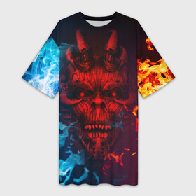 Платье-футболка 3D с принтом Diablo Fire Ice в Санкт-Петербурге,  |  | black | demon | devil | fire | hell | horns | ice | prints | top | trend | ад | демон | дьявол | лёд | огонь | принты | рога | топ | тренд | черный