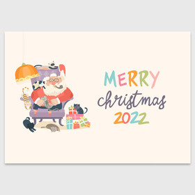 Поздравительная открытка с принтом Santa and Cats 2022 в Санкт-Петербурге, 100% бумага | плотность бумаги 280 г/м2, матовая, на обратной стороне линовка и место для марки
 | 2022 | 2022 год | happy new year | santa | год тигра | дед мороз | каникулы | мороз | новогодний свитер | новый год | новый год 2022 | новый год тигра | оливье | праздник | рождество | санта клаус | свитер новогодний