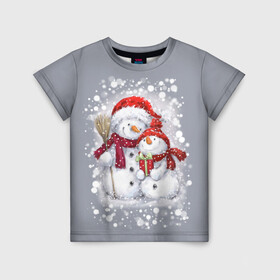 Детская футболка 3D с принтом Два снеговика в Санкт-Петербурге, 100% гипоаллергенный полиэфир | прямой крой, круглый вырез горловины, длина до линии бедер, чуть спущенное плечо, ткань немного тянется | 2022 | год тигра | новогодний подарок | новый год | подарок на новый год | снег | снеговик | снеговики