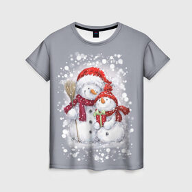 Женская футболка 3D с принтом Два снеговика в Санкт-Петербурге, 100% полиэфир ( синтетическое хлопкоподобное полотно) | прямой крой, круглый вырез горловины, длина до линии бедер | Тематика изображения на принте: 2022 | год тигра | новогодний подарок | новый год | подарок на новый год | снег | снеговик | снеговики