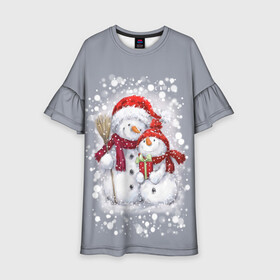 Детское платье 3D с принтом Два снеговика в Санкт-Петербурге, 100% полиэстер | прямой силуэт, чуть расширенный к низу. Круглая горловина, на рукавах — воланы | Тематика изображения на принте: 2022 | год тигра | новогодний подарок | новый год | подарок на новый год | снег | снеговик | снеговики