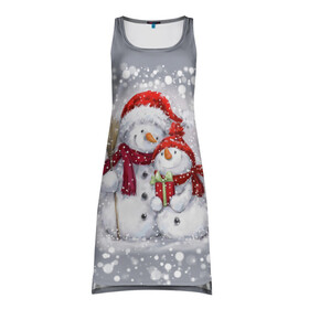 Платье-майка 3D с принтом Два снеговика в Санкт-Петербурге, 100% полиэстер | полуприлегающий силуэт, широкие бретели, круглый вырез горловины, удлиненный подол сзади. | Тематика изображения на принте: 2022 | год тигра | новогодний подарок | новый год | подарок на новый год | снег | снеговик | снеговики