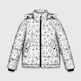 Зимняя куртка для мальчиков 3D с принтом Зимнее дудл настроение в Санкт-Петербурге, ткань верха — 100% полиэстер; подклад — 100% полиэстер, утеплитель — 100% полиэстер | длина ниже бедра, удлиненная спинка, воротник стойка и отстегивающийся капюшон. Есть боковые карманы с листочкой на кнопках, утяжки по низу изделия и внутренний карман на молнии. 

Предусмотрены светоотражающий принт на спинке, радужный светоотражающий элемент на пуллере молнии и на резинке для утяжки | Тематика изображения на принте: бант | бантик | дудл | дудлики | елка | елочка | колокольчик | кот | нарисованный | облако | от руки | сердечко | сердце | снег | снеговик | снежинка | солнце | шарик
