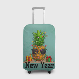 Чехол для чемодана 3D с принтом Праздничный ананас в Санкт-Петербурге, 86% полиэфир, 14% спандекс | двустороннее нанесение принта, прорези для ручек и колес | 2022 | ананас | арт | гирлянды | графика | новый год | фрукт