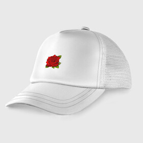 Детская кепка тракер с принтом Красная роза Рисунок в Санкт-Петербурге, Козырек - 100% хлопок. Кепка - 100% полиэстер, Задняя часть - сетка | универсальный размер, пластиковая застёжка | красная | красный | растение | растения | рисунки | рисунок | роза | розы | цветок | цветы