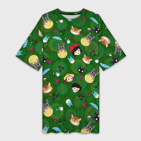 Платье-футболка 3D с принтом Totoro Kiki ALLSTARS в Санкт-Петербурге,  |  | ambrella | anime | catbus | dzidzi | ghibli | kiki | may | sacki | susuwatari | totoro | witch | аниме | ведьма | дзидзи | зонтик | кики | кот | котобус | мэй | сацки | сусуватари | тоторо