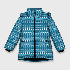 Зимняя куртка для девочек 3D с принтом Новогодний узор сине белого цвета в Санкт-Петербурге, ткань верха — 100% полиэстер; подклад — 100% полиэстер, утеплитель — 100% полиэстер. | длина ниже бедра, удлиненная спинка, воротник стойка и отстегивающийся капюшон. Есть боковые карманы с листочкой на кнопках, утяжки по низу изделия и внутренний карман на молнии. 

Предусмотрены светоотражающий принт на спинке, радужный светоотражающий элемент на пуллере молнии и на резинке для утяжки. | 2022 | gift | ёлка | новый год | подарки | подарок | снежинка | узор