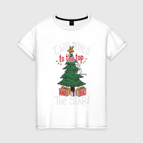 Женская футболка хлопок с принтом Cat on the tree в Санкт-Петербурге, 100% хлопок | прямой крой, круглый вырез горловины, длина до линии бедер, слегка спущенное плечо | cat | christmas | garland | gifts | holiday | kitty | new year | star | tree | гирлянда | елка | звезда | кот | котик | кошка | новый год | подарки | праздник | рождество