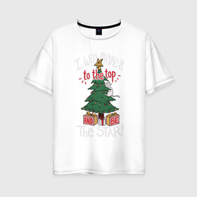 Женская футболка хлопок Oversize с принтом Cat on the tree в Санкт-Петербурге, 100% хлопок | свободный крой, круглый ворот, спущенный рукав, длина до линии бедер
 | cat | christmas | garland | gifts | holiday | kitty | new year | star | tree | гирлянда | елка | звезда | кот | котик | кошка | новый год | подарки | праздник | рождество