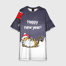 Детское платье 3D с принтом Happy New Year 2022 Тигр в Санкт-Петербурге, 100% полиэстер | прямой силуэт, чуть расширенный к низу. Круглая горловина, на рукавах — воланы | 2022 | год тигра | новый год | новый год 2022 | символ года | тигр | тигренок | тигрица | тигры