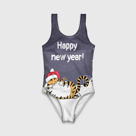 Детский купальник 3D с принтом Happy New Year 2022 Тигр в Санкт-Петербурге, Полиэстер 85%, Спандекс 15% | Слитный крой, подклад по переду изделия, узкие бретели | Тематика изображения на принте: 2022 | год тигра | новый год | новый год 2022 | символ года | тигр | тигренок | тигрица | тигры