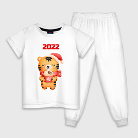 Детская пижама хлопок с принтом Праздничный тигренок 2022 в Санкт-Петербурге, 100% хлопок |  брюки и футболка прямого кроя, без карманов, на брюках мягкая резинка на поясе и по низу штанин
 | Тематика изображения на принте: 2022 | год тигра | новый год | новый год 2022 | символ года | тигр | тигренок | тигрица | тигры