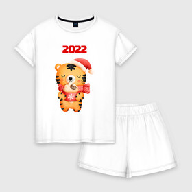 Женская пижама с шортиками хлопок с принтом Праздничный тигренок 2022 в Санкт-Петербурге, 100% хлопок | футболка прямого кроя, шорты свободные с широкой мягкой резинкой | 2022 | год тигра | новый год | новый год 2022 | символ года | тигр | тигренок | тигрица | тигры