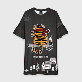 Детское платье 3D с принтом Одинокий тигр пьет винишко в Санкт-Петербурге, 100% полиэстер | прямой силуэт, чуть расширенный к низу. Круглая горловина, на рукавах — воланы | Тематика изображения на принте: 2022 | год тигра | новый год | новый год 2022 | символ года | тигр | тигренок | тигрица | тигры