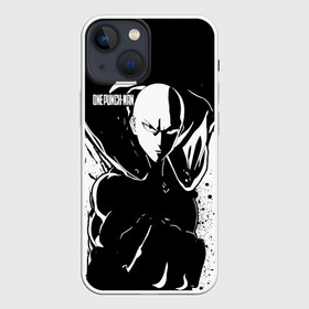 Чехол для iPhone 13 mini с принтом Черно белый Сайтама One Punch Man в Санкт-Петербурге,  |  | hagemanto | one punch man | one punchman | onepunchman | saitama | sensei | аниме | ван панч мен | ванпанчмен | лысый плащ | манга | сайтама | сильнейший человек | учитель | человек одинудар | человек одного удара