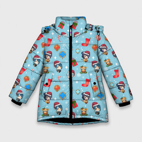 Зимняя куртка для девочек 3D с принтом GI Christmas Pattern в Санкт-Петербурге, ткань верха — 100% полиэстер; подклад — 100% полиэстер, утеплитель — 100% полиэстер. | длина ниже бедра, удлиненная спинка, воротник стойка и отстегивающийся капюшон. Есть боковые карманы с листочкой на кнопках, утяжки по низу изделия и внутренний карман на молнии. 

Предусмотрены светоотражающий принт на спинке, радужный светоотражающий элемент на пуллере молнии и на резинке для утяжки. | 2022 год | genshin impact | happy new year | каникулы | новый год | новый год 2022 | оливье | праздник | рождество | снег | снежинки