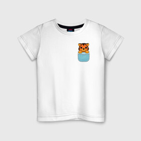 Детская футболка хлопок с принтом Тигренок в кармане в Санкт-Петербурге, 100% хлопок | круглый вырез горловины, полуприлегающий силуэт, длина до линии бедер | 2022 | год тигра | новый год | новый год 2022 | символ года | тигр | тигренок | тигрица | тигры