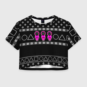 Женская футболка Crop-top 3D с принтом Новогодний свитер Ojingeo geim в Санкт-Петербурге, 100% полиэстер | круглая горловина, длина футболки до линии талии, рукава с отворотами | игра | кальмар | праздник | снежинки | стражи