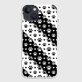 Чехол для iPhone 13 с принтом Следы от Лап в Санкт-Петербурге,  |  | Тематика изображения на принте: black white | chess | dog | dog pawprints | paws | животное | зверь | лапы | пёс | следы от лап | собака | собачьи следы от лап | хищник | чёрно белое | шахматка | щенок