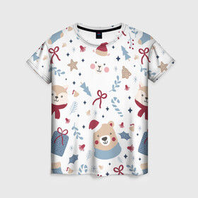 Женская футболка 3D с принтом Забавный Новый Год в Санкт-Петербурге, 100% полиэфир ( синтетическое хлопкоподобное полотно) | прямой крой, круглый вырез горловины, длина до линии бедер | 2022 | детское | животные | забавный | зверята | лама | медведь | новый год | носки | смешные | узор