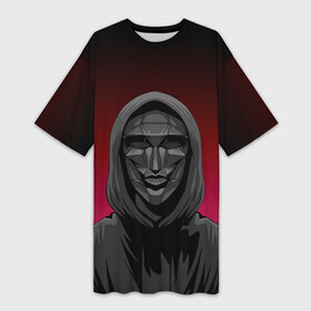 Платье-футболка 3D с принтом Распорядитель игры на черно розовом фоне в Санкт-Петербурге,  |  | game | mask face | squid | squid game | ведущий | глава | игра в кальмара | караул | костюм | победитель | распорядитель