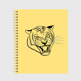 Тетрадь с принтом тигр на золотом фоне в Санкт-Петербурге, 100% бумага | 48 листов, плотность листов — 60 г/м2, плотность картонной обложки — 250 г/м2. Листы скреплены сбоку удобной пружинной спиралью. Уголки страниц и обложки скругленные. Цвет линий — светло-серый
 | art line | chinese calendar | contour | golden | head | mascot | muzzle | new year | symbol | tiger | year of the tiger | арт лайн | год тигра | голова | золотой | китайский календарь | контур | новогодний | новый год | символ | талисман | тигр