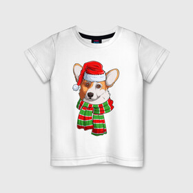 Детская футболка хлопок с принтом Новогодний Вельш корги в Санкт-Петербурге, 100% хлопок | круглый вырез горловины, полуприлегающий силуэт, длина до линии бедер | christmas | corgi | dog | santa | дед мороз | елка | зима | корги | новый год | рождество | санта | снег | снегурочка | снежинка | собака | собачка | щенок