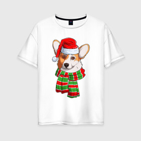Женская футболка хлопок Oversize с принтом Новогодний Вельш корги в Санкт-Петербурге, 100% хлопок | свободный крой, круглый ворот, спущенный рукав, длина до линии бедер
 | christmas | corgi | dog | santa | дед мороз | елка | зима | корги | новый год | рождество | санта | снег | снегурочка | снежинка | собака | собачка | щенок