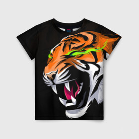 Детская футболка 3D с принтом Тигр, с зелеными глазами в Санкт-Петербурге, 100% гипоаллергенный полиэфир | прямой крой, круглый вырез горловины, длина до линии бедер, чуть спущенное плечо, ткань немного тянется | 2022 | amur tiger | beast | fangs | happy new year | merry christmas | new year | predator | snow | stars | stern grin | stern look | winter | year of the tiger | амурский тигр | год тигра | зверь | зима | клыки | новый год | снег | суровый взгл