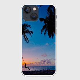 Чехол для iPhone 13 mini с принтом Пляжное настроение в Санкт-Петербурге,  |  | вечернеенебо | закат | море | облака | пальмы | песок | пляж