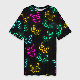 Платье-футболка 3D с принтом НЕОНОВЫЕ КОТИКИ  NEON FACES CATS в Санкт-Петербурге,  |  | animals | cats | color cats | kitty | neon cats | neon kitty | животные | звери | коты | кошки | неон | неон котики | неоновые коты | радужные коты