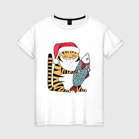 Женская футболка хлопок с принтом Тигр с большой рыбой в Санкт-Петербурге, 100% хлопок | прямой крой, круглый вырез горловины, длина до линии бедер, слегка спущенное плечо | Тематика изображения на принте: 2022 | год тигра | новый год | новый год 2022 | символ года | тигр | тигренок | тигрица | тигры