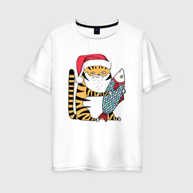 Женская футболка хлопок Oversize с принтом Тигр с большой рыбой в Санкт-Петербурге, 100% хлопок | свободный крой, круглый ворот, спущенный рукав, длина до линии бедер
 | 2022 | год тигра | новый год | новый год 2022 | символ года | тигр | тигренок | тигрица | тигры
