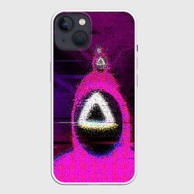 Чехол для iPhone 13 с принтом Squid game glitch в Санкт-Петербурге,  |  | abstraction | glitch | squid game | абстракция | глитч | глич | игра в кальмара | игра кальмара | маска | маска с треугольником | разводы | розовый костюм | треугольник | узоры