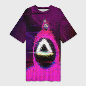 Платье-футболка 3D с принтом Squid game glitch в Санкт-Петербурге,  |  | Тематика изображения на принте: abstraction | glitch | squid game | абстракция | глитч | глич | игра в кальмара | игра кальмара | маска | маска с треугольником | разводы | розовый костюм | треугольник | узоры