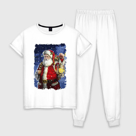 Женская пижама хлопок с принтом Santa Claus shines a lantern в Санкт-Петербурге, 100% хлопок | брюки и футболка прямого кроя, без карманов, на брюках мягкая резинка на поясе и по низу штанин | beard | blizard | eyes | holiday | lantern | merry christmas | moustache | new year | santa klaus | snow | борода | глаза | дед мороз | новый год | очки | праздник | пурга | рождество | снег | усы | фонарь