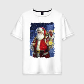 Женская футболка хлопок Oversize с принтом Santa Claus shines a lantern в Санкт-Петербурге, 100% хлопок | свободный крой, круглый ворот, спущенный рукав, длина до линии бедер
 | beard | blizard | eyes | holiday | lantern | merry christmas | moustache | new year | santa klaus | snow | борода | глаза | дед мороз | новый год | очки | праздник | пурга | рождество | снег | усы | фонарь