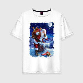 Женская футболка хлопок Oversize с принтом Дед Мороз с подарками на крыше в Санкт-Петербурге, 100% хлопок | свободный крой, круглый ворот, спущенный рукав, длина до линии бедер
 | beard | chimney | gifts | icicles | moustache | new year | night | roof | santa klaus | snow | winter | борода | дед мороз | зима | крыша | новый год | ночь | подарки | снег | сосульки | труба | усы
