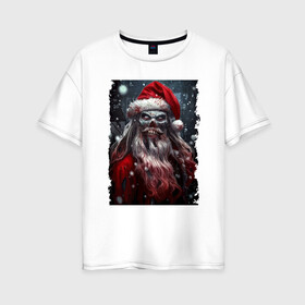 Женская футболка хлопок Oversize с принтом Дед Мороз   зомби в Санкт-Петербурге, 100% хлопок | свободный крой, круглый ворот, спущенный рукав, длина до линии бедер
 | holiday | jaw | muzzle | new year | santa klaus | snow | teeth | zombie | дед мороз | зомби | зубы | новый год | пасть | праздник | снег