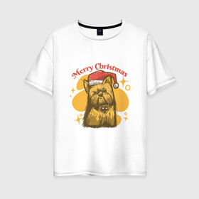 Женская футболка хлопок Oversize с принтом Merry Christmas в Санкт-Петербурге, 100% хлопок | свободный крой, круглый ворот, спущенный рукав, длина до линии бедер
 | art | christmas | dog | drawing | hat | new year | stars | арт | звезды | новый год | пес | рисунок | рождество | собака | собака в шапке