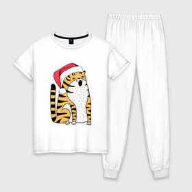 Женская пижама хлопок с принтом Удивленный тигр с открытым ртом в Санкт-Петербурге, 100% хлопок | брюки и футболка прямого кроя, без карманов, на брюках мягкая резинка на поясе и по низу штанин | 2022 | год тигра | новый год | новый год 2022 | символ года | тигр | тигренок | тигрица | тигры