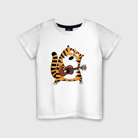 Детская футболка хлопок с принтом Тигр играет на гитаре в Санкт-Петербурге, 100% хлопок | круглый вырез горловины, полуприлегающий силуэт, длина до линии бедер | 2022 | год тигра | новый год | новый год 2022 | символ года | тигр | тигренок | тигрица | тигры
