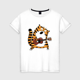 Женская футболка хлопок с принтом Тигр играет на гитаре в Санкт-Петербурге, 100% хлопок | прямой крой, круглый вырез горловины, длина до линии бедер, слегка спущенное плечо | 2022 | год тигра | новый год | новый год 2022 | символ года | тигр | тигренок | тигрица | тигры