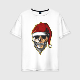Женская футболка хлопок Oversize с принтом Santa Skull в Санкт-Петербурге, 100% хлопок | свободный крой, круглый ворот, спущенный рукав, длина до линии бедер
 | art | beard | hat | santa | skull | арт | борода | санта | череп | шапка