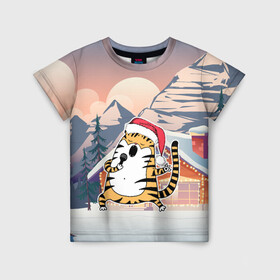 Детская футболка 3D с принтом Тигр поет песни в караоке в Санкт-Петербурге, 100% гипоаллергенный полиэфир | прямой крой, круглый вырез горловины, длина до линии бедер, чуть спущенное плечо, ткань немного тянется | 2022 | год тигра | новый год | новый год 2022 | символ года | тигр | тигренок | тигрица | тигры